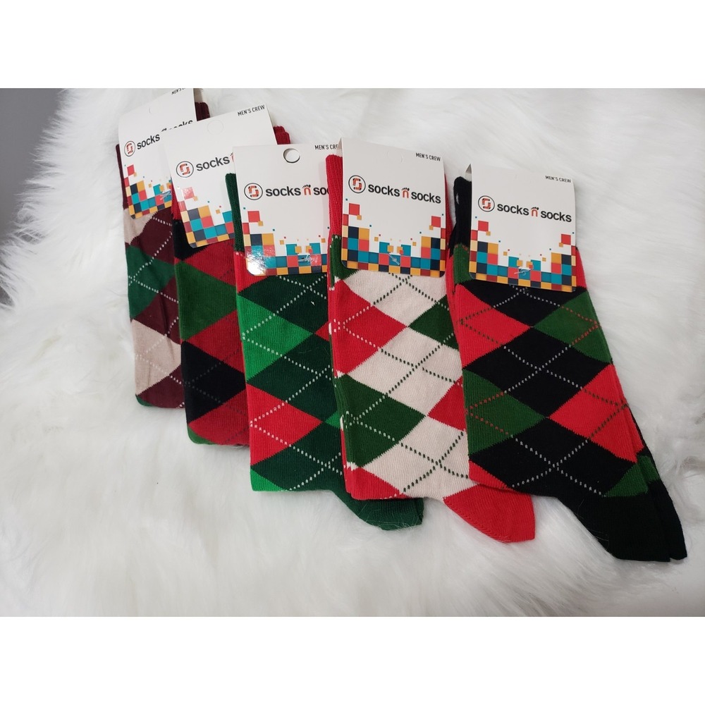 LOT 5 Socks n Socks Men's Crew Argyle Diamond Socks Holiday Christmas Red Green